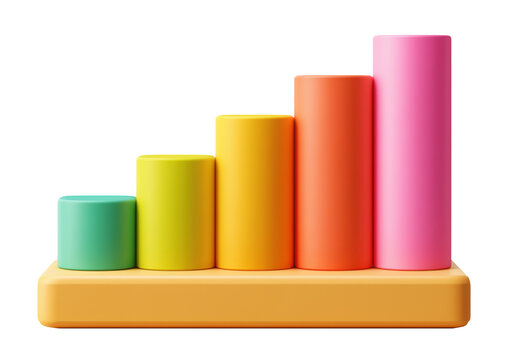 Colorful 3D bar chart with gradient columns on orange base platform, isolated on transparent background