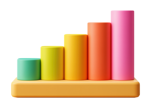 Colorful 3D bar chart with gradient columns on orange base platform, isolated on transparent background