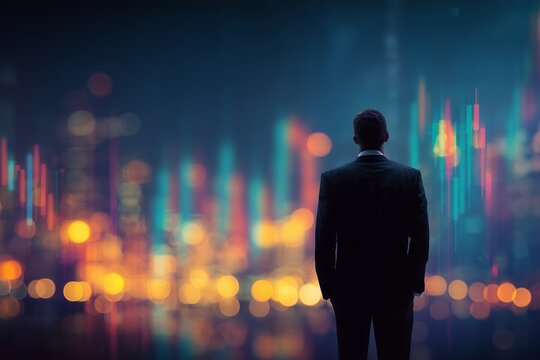 Rear view of a financial analyst looking at stock market data with bokeh effect, concept for investment analysis, financial planning and business strategy