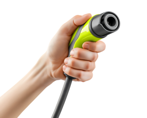 Hand Holding Bright Green Quick Connect Hose Coupling isolated on transparent background