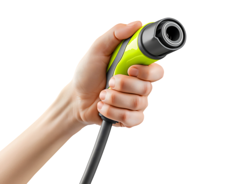 Hand Holding Bright Green Quick Connect Hose Coupling isolated on transparent background