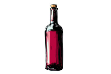 Hand-Drawn Sketch Illustration of a Full Bottle of Red Wine with Cork Stopper