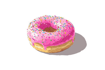 Hand-Drawn Illustration of a Classic Donut with Pink Icing and Colorful Sprinkles on White Background