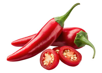 Red chili peppers whole and cut showing seeds and flesh, isolated on transparent background