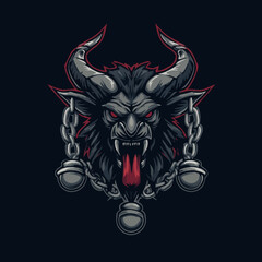 Furious Demonic Beast Head Vector Mascot Illustration with Red Eyes, Tongue, and Heavy Chains