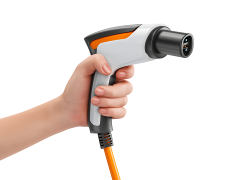 Hand Holding Modern EV Charging Plug isolated on transparent background