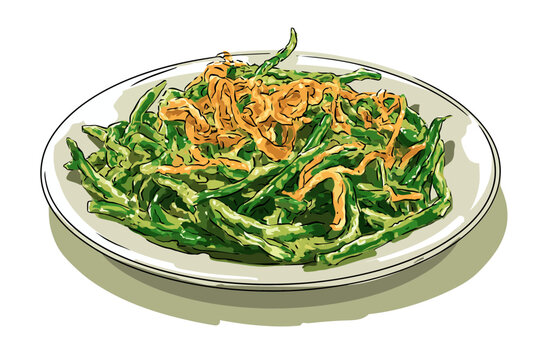 Hand-Drawn Illustration of Saut&eacute;ed Green Beans Topped with Crispy Fried Onions on a White Plate