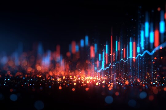 Abstract financial chart with rising line and glowing particles on a dark background, concept for stock market analysis, business investment strategy and economic forecasting