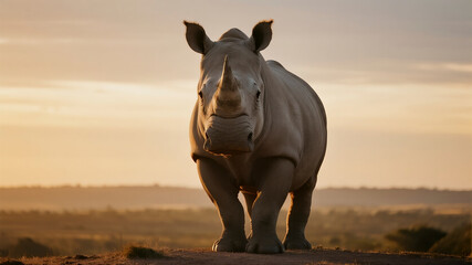 Obraz premium A bright aspirational shot of a white rhino standing on a hill overlooking a vast savanna at sunset with ample warm sky for copy space
