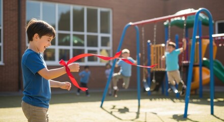 Boy cuts red ribbon at playground opening ceremony with kids playing in background.