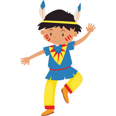 Cartoon Native American Boy Dancing Joyfully With Feathers In Hair Wearing Blue Shirt Yellow Pants And Face Paint