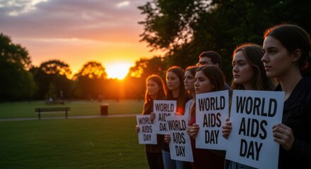 Group of people holding world aids day signs during sunset in park, activism concept.