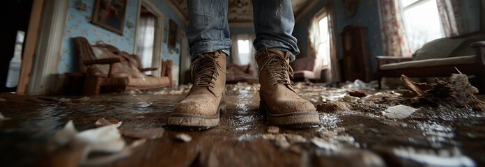 Obraz premium A person stands in a flooded, debris-filled room. Strong boots are necessary for indoor cleanup and disaster recovery tasks related to water damage assessment. Required home repairs