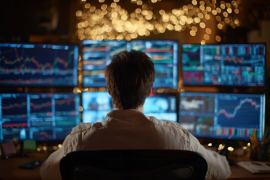 Back view of a man analyses stock market data on multiple computer screens, concept for financial analysis, investment strategies and economic forecasting
