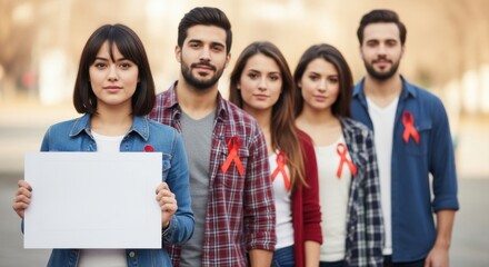 Group of young adults wearing red ribbons for aids awareness holding a blank sign.
