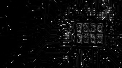 Circuit lines animation on black background for electronics design concept. Video Animation of networks, data processing over computer circuit board. - Powered by Adobe