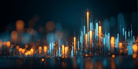 Abstract glowing blue and gold lines rise on a dark background, concept for financial analysis, data visualization and technology background