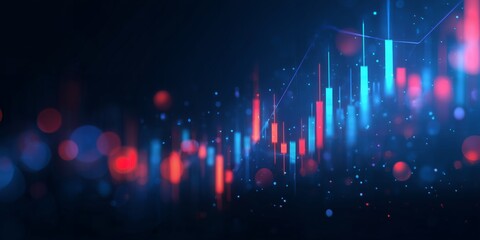 Abstract financial chart with uptrend line and candlestick graph in blue and red shades, concept for stock market analysis, investment strategy and business presentation