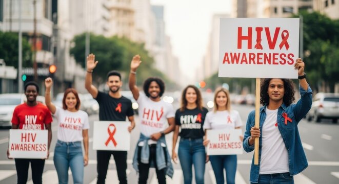 Group of people holding signs and wearing ribbons for hiv awareness on the street. - Powered by Adobe
