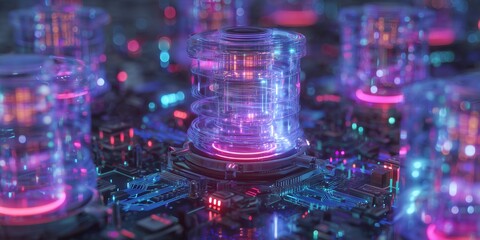 Close-up of futuristic circuit board with glowing cylindrical structures, concept for quantum computing simulations, advanced data processing and technology infrastructure