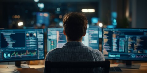 Rear view of male data scientist in front of multiple screens at night, concept for cryptocurrency trading, fintech solutions and IT security analysis