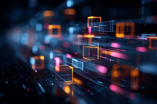 Abstract digital illustration with glowing cubes and light streaks on dark background, concept for data visualization, technology solutions and future innovations