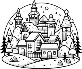 Winter snow village coloring book illustration , vector line art , black and white