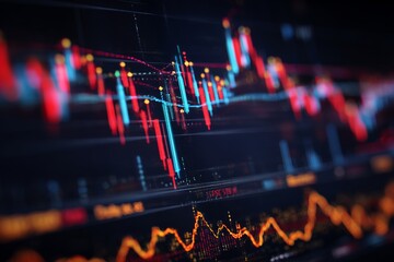 Abstract financial chart with uptrend line and downtrend line on black background, concept for stock market analysis, investment strategy and economic forecasting