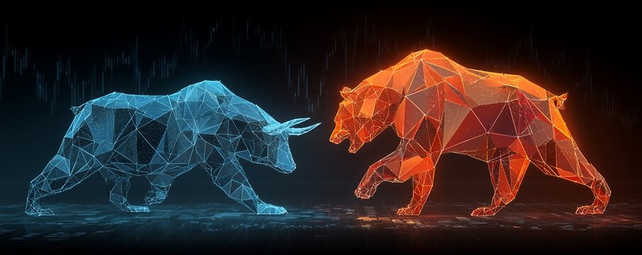 Digital polygonal bull and bear figures facing each other over abstract market data background, concept for stock market trends, investment strategy and financial analysis