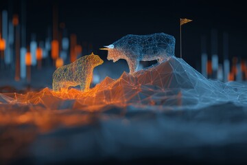 Digital polygonal bull and bear figures face each other with blurred candlestick charts, concept for stock market trends, investment analysis and financial forecast