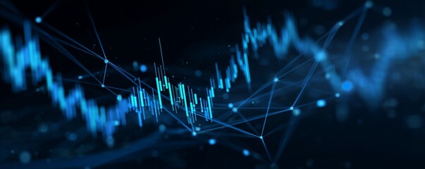 Abstract blue chart with lines and dots on dark background depicting financial data analysis, concept for stock market forecasting, business intelligence and technological innovation