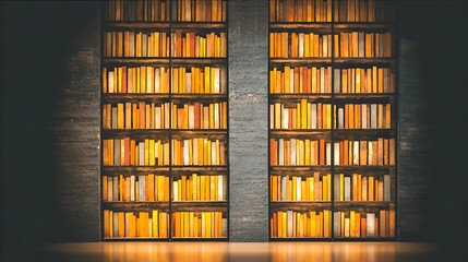 Fototapeta premium Two Towering Bookshelves Filled with Books in Warm Light