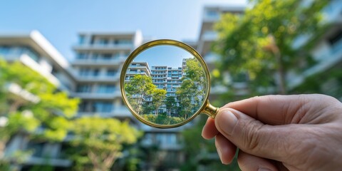 Hand holds magnifying glass showing apartment buildings and surrounding greenery, concept for real estate market analysis, property investment and urban development