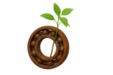Green plant growing through rusty ball bearing symbolizing growth, renewal, and sustainable industry on transparent background
