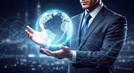 Global Business Connection Businessman Holding a Digital Globe with Network Lines