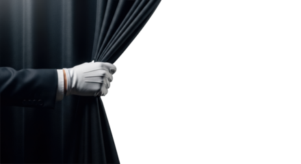 Professional's hand in transparent glove, dark suit cuff, pulling back luxurious dark textured drape, revealing empty deep dark void copy space, dramatic soft lighting, concept of unveiling