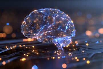 Abstract digital brain with glowing connections on a circuit board backdrop, concept for artificial intelligence, machine learning and neuroscience