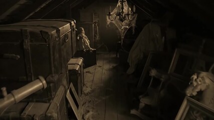 A dusty attic filled with old trunks and hidden objects
