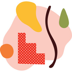 Abstract organic shapes and geometric forms in pastel pink and yellow with a red dotted step element and a dark brown curve against a transparent background