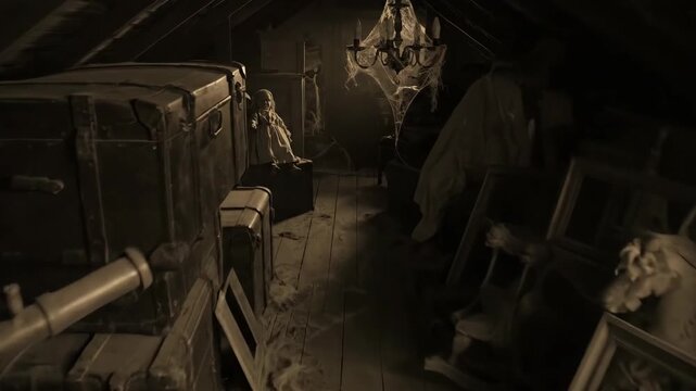 A dusty attic filled with old trunks and hidden objects