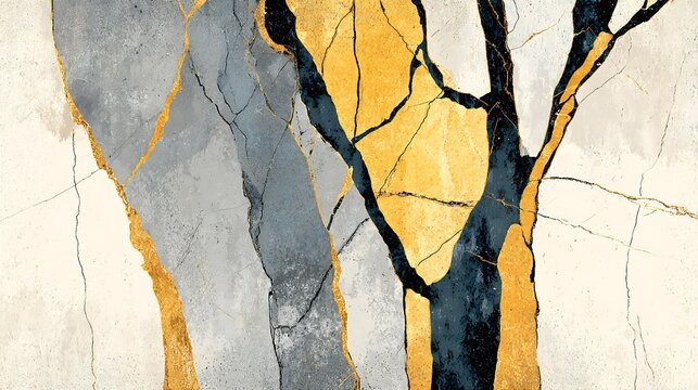Abstract art featuring tree branches with a modern aesthetic, showcasing a unique blend of gold, gray, and black hues, creating a visually striking and contemporary composition on canvas