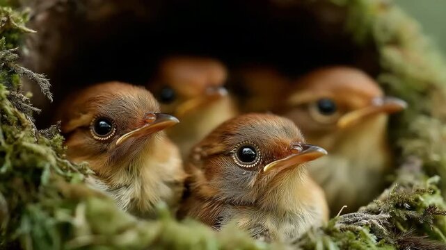 Young birds in a nest covered in moss.  Eurasian wren nestlings in a natural nest