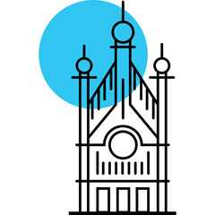 Abstract Outline Of A Church With A Cyan Circle In The Background On A Transparent Background