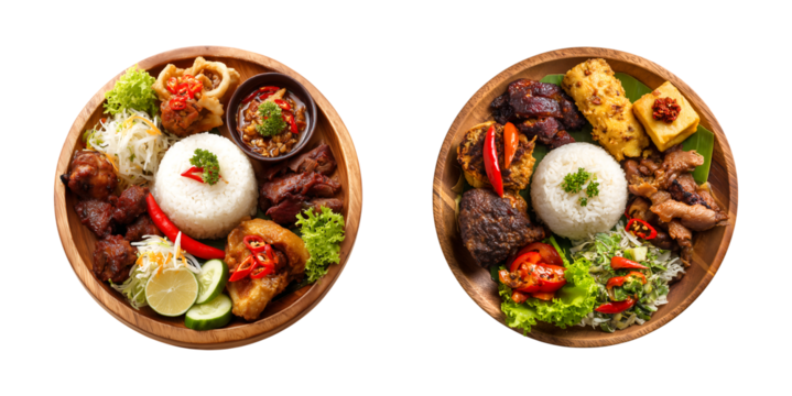 Gourmet Indonesian Nasi Campur Platter: Rice, Savory Meats, Crispy Items, and Spicy Sambal isolated on transparent background