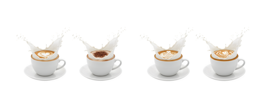 Cappuccino in a cup with milk splashing on a white surface
