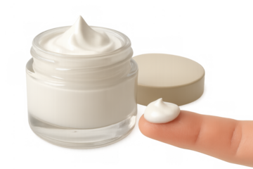 Finger picking up white cosmetic cream from an open jar, ready for use on skin. Transparent background