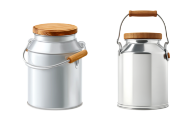 Classic Silver Milk Can or Churn with Rustic Wooden Lid and Handle isolated on transparent background