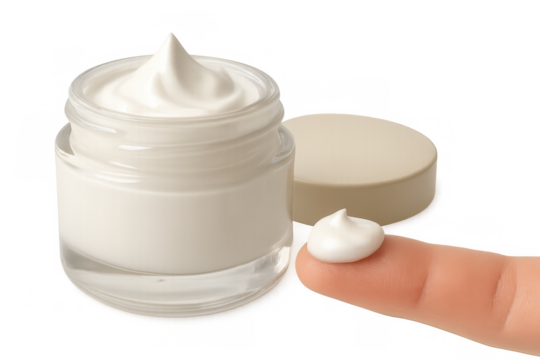 Finger picking up white cosmetic cream from an open jar, ready for use on skin. Transparent background