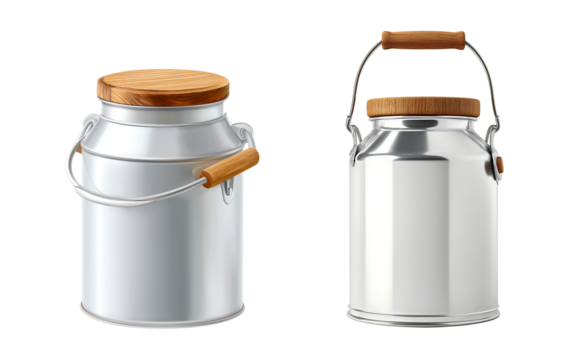 Classic Silver Milk Can or Churn with Rustic Wooden Lid and Handle isolated on transparent background