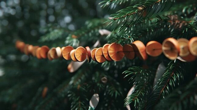 Handmade dried orange slice garland decorating a lush green Christmas fir tree branch